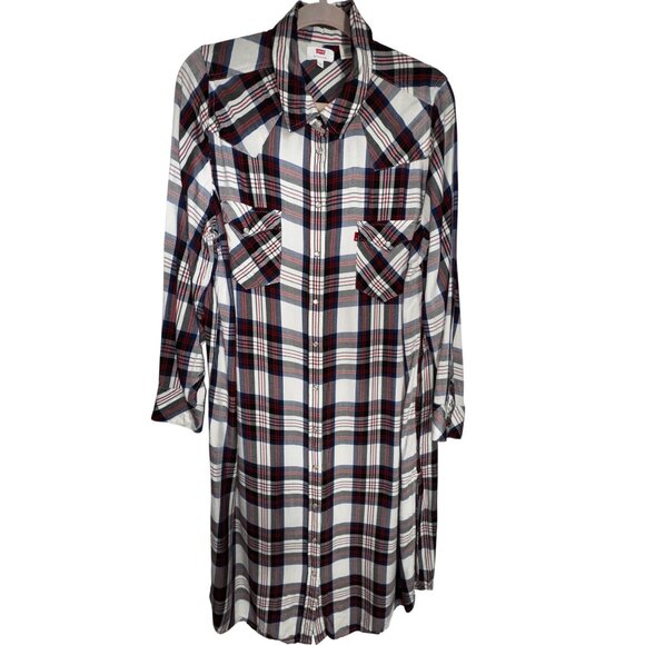 Levis Plaid Longline Button-Up Shirt Dress Western Ranch Plus Size 1X Cowboy - Picture 1 of 9